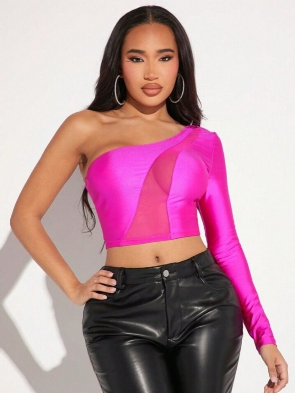 NEW- One-Shoulder Long Sleeve Neon Pink Mesh Insert Crop Top - Picture 1 of 2